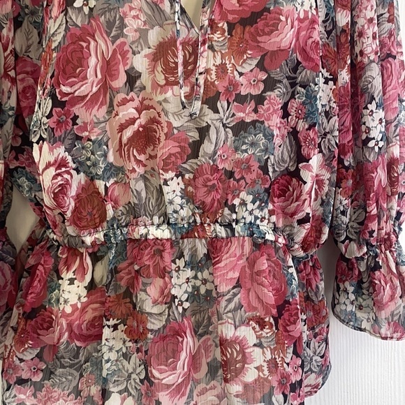 Zara - Red & Pink Floral See Thur Tie at Neck Blouse Size Small - Picture 3 of 9